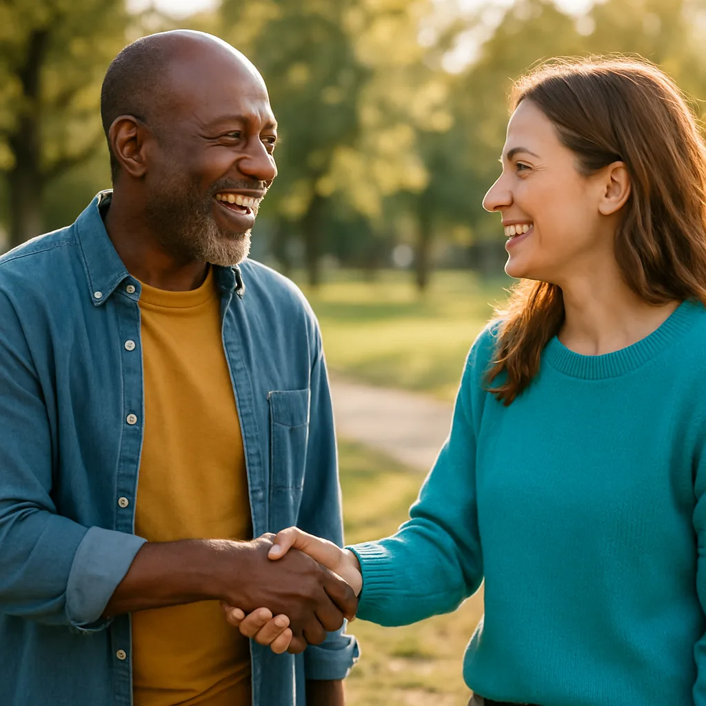 Two people meeting at a local park — genuinely local Glasgow dating