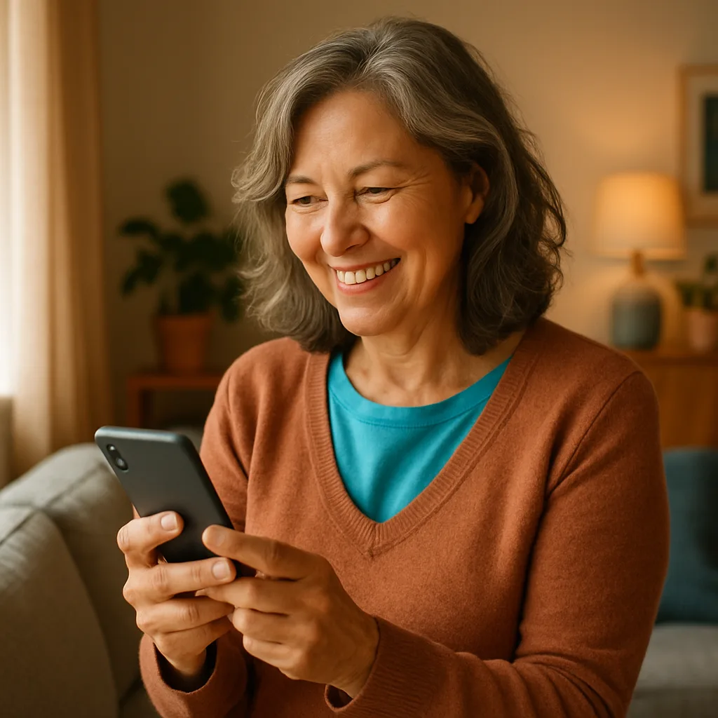 Smiling woman confidently checking her phone — verified profiles on The Glasgow Dating Site